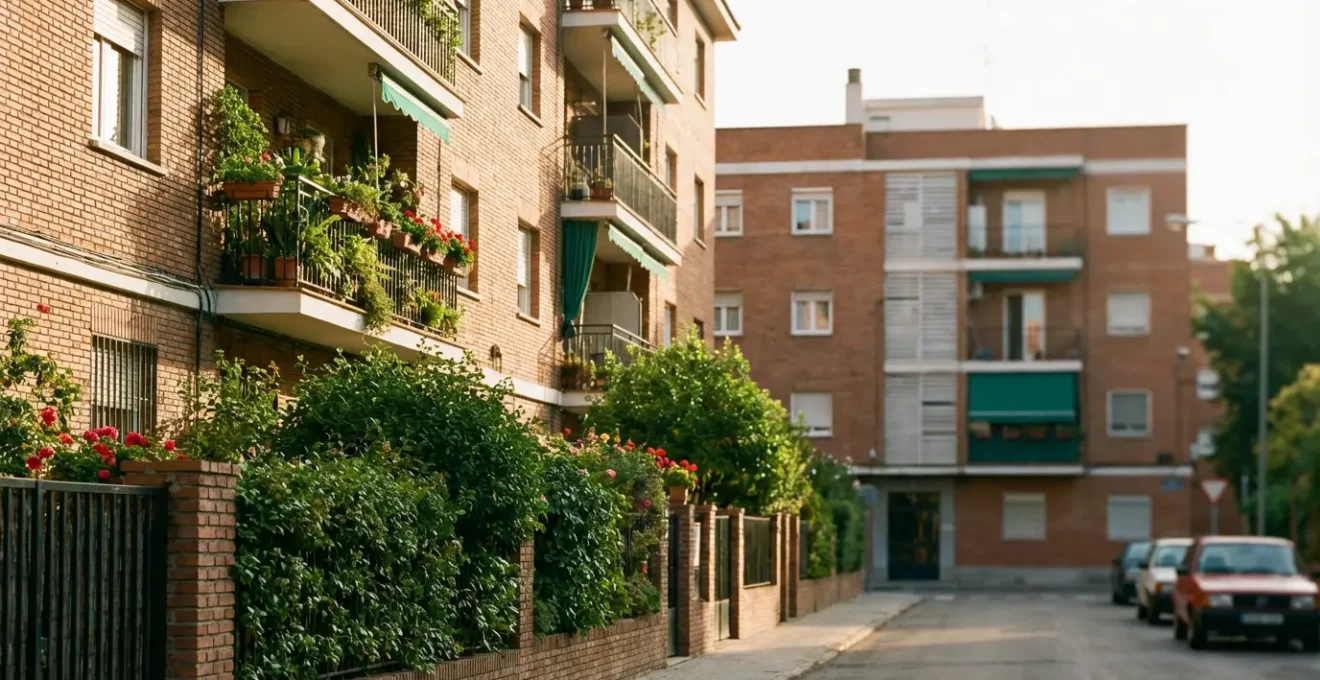 Calle residencial de barrio madrileño con bloques de pisos y chalets adosados mostrando contraste arquitectónico