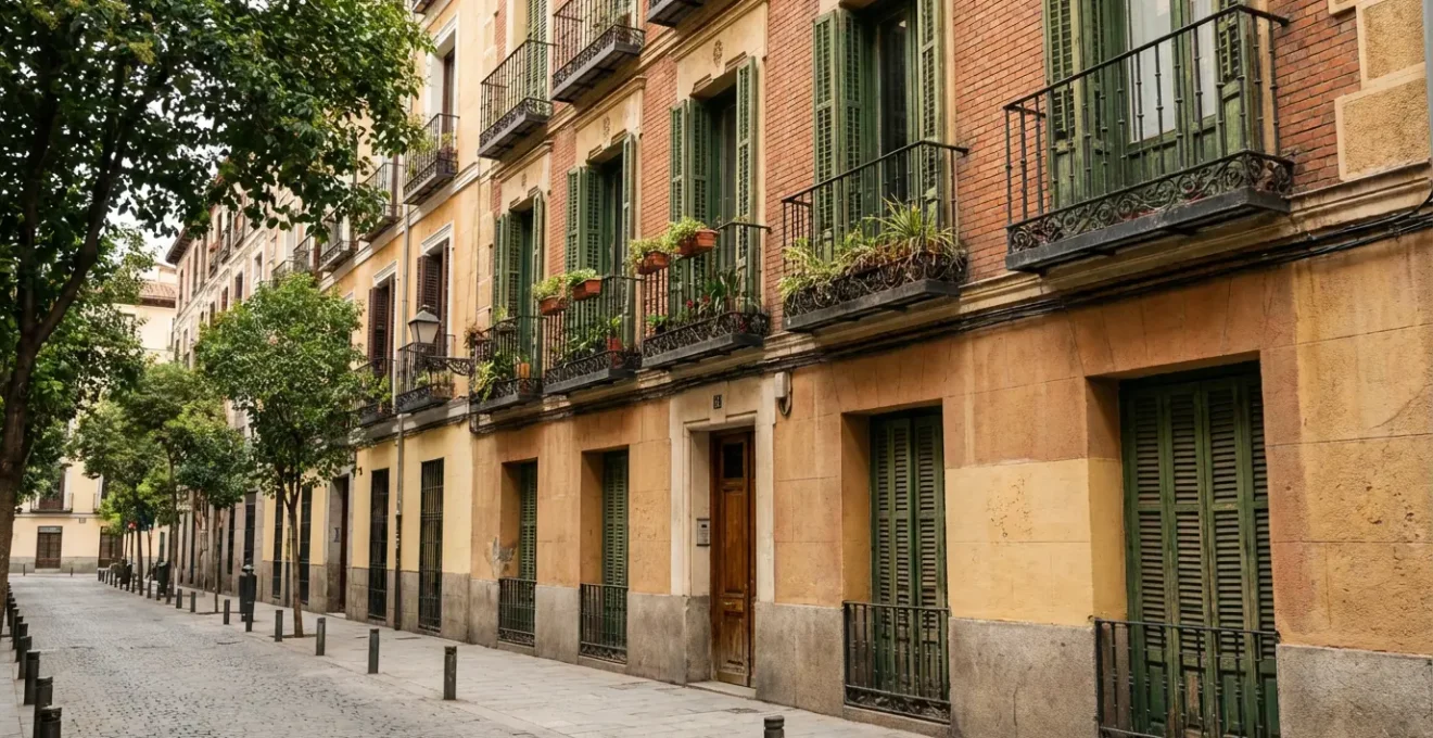 Fachada de edificio residencial clásico en Madrid con balcones de hierro forjado representando el mercado de pisos