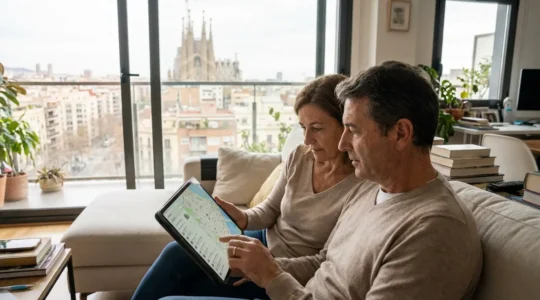 Pareja analizando opciones de agencias inmobiliarias en Barcelona desde su salón