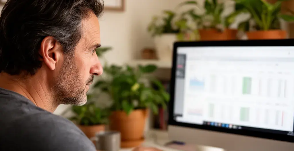 Propietario evaluando criterios de agencias inmobiliarias en pantalla