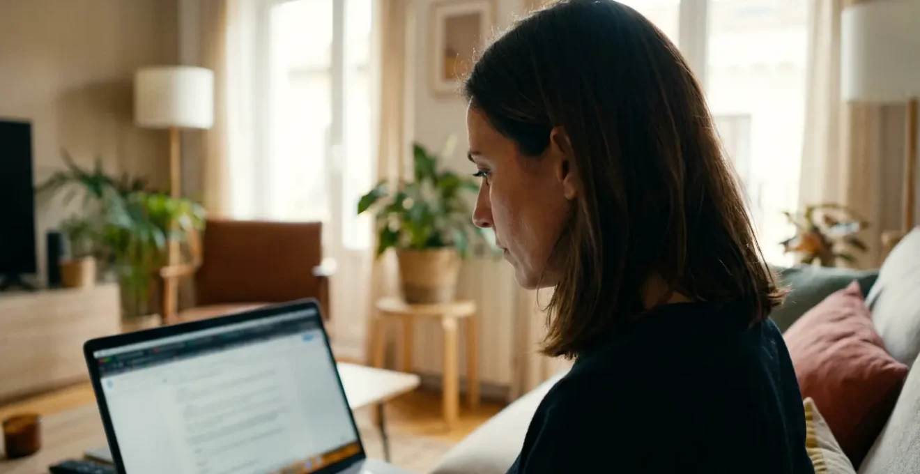 Mujer consultando datos de valoración inmobiliaria en portátil en salón de piso madrileño