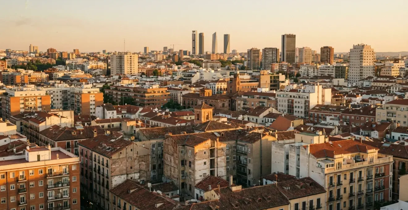 Vista panorámica del skyline de Madrid con edificios residenciales de diferentes épocas y tejados de terracota