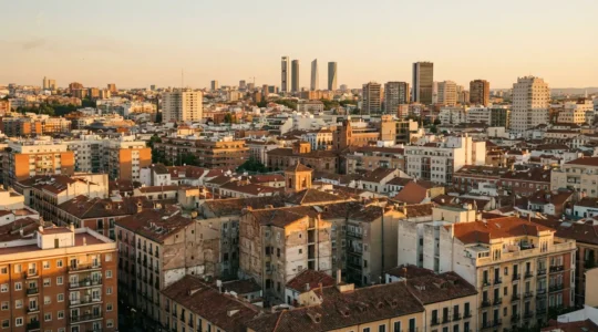 Vista panorámica del skyline de Madrid con edificios residenciales de diferentes épocas y tejados de terracota